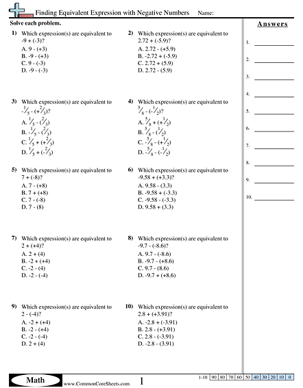 Finding Equivalent Expression with Negative Numbers Worksheet - Finding Equivalent Expression with Negative Numbers worksheet